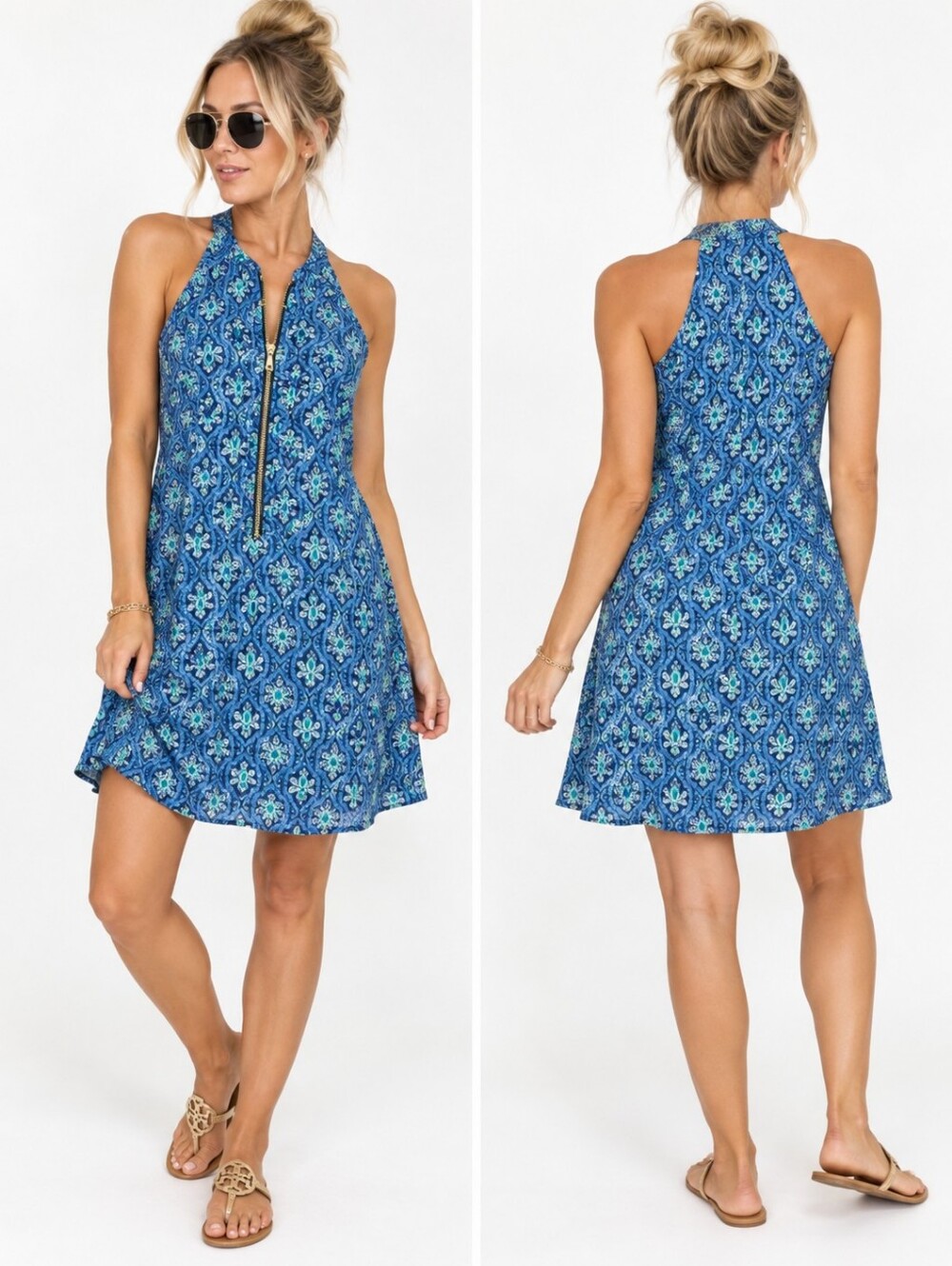 Papillon Blue Paisley Zip Front Halter Dress M